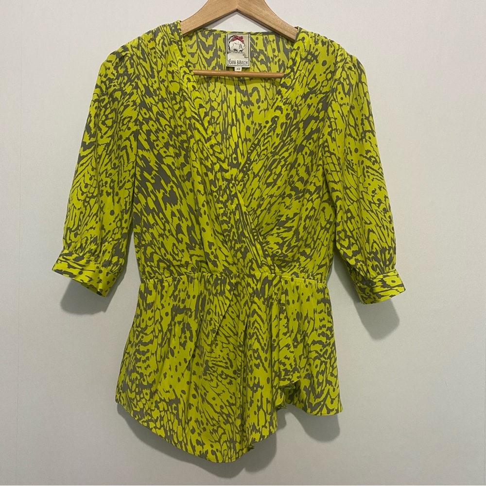 Yoana Baraschi Neon Printed Peplum Blouse XS V-Neck Preppy Feminine Lightweight